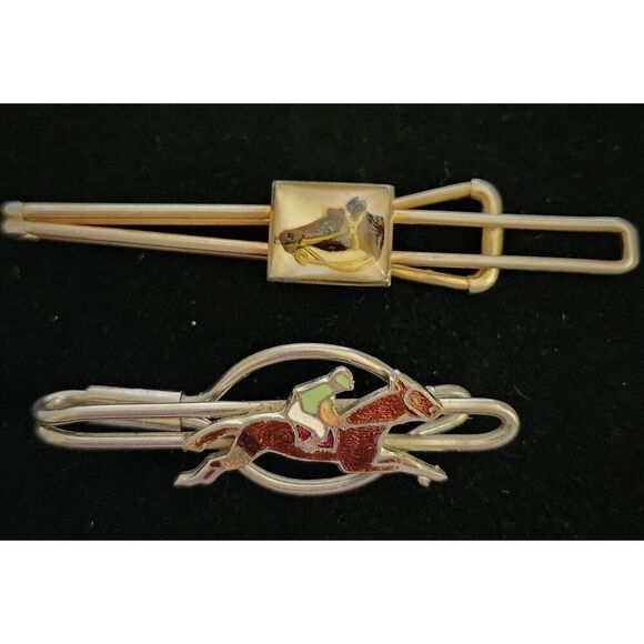 Vintage Lot Equestrian Tie Bar Reverse Painted Glass Horse Jockey Horse Tie Clip - Picture 1 of 5